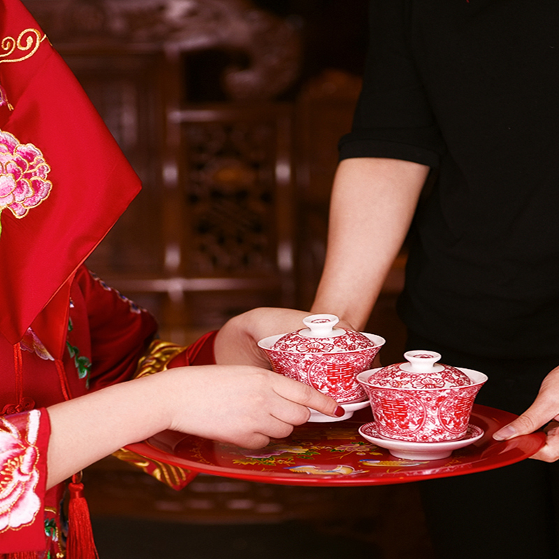 米魁婚庆敬茶杯陶瓷喜碗喜杯喜筷套装礼盒结婚对碗筷婚礼用品大全
