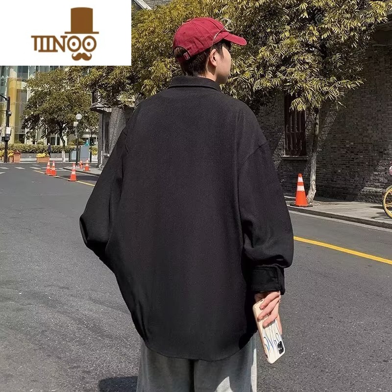 YANXU长袖衬衫男新款港风宽松纯色上衣青年潮牌工装外套潮流寸衫高清大图