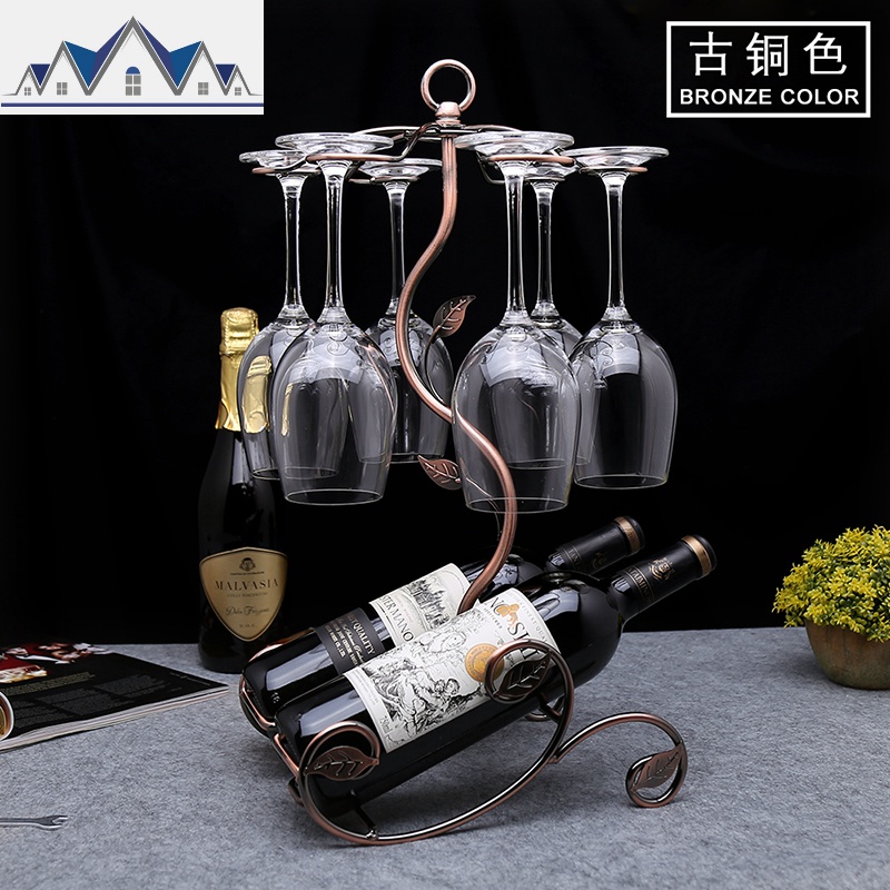 红酒杯架倒挂酒架家用不锈钢创意高脚杯架葡萄酒杯架酒欧式摆件_24_373 双瓶六杯架（古铜色）