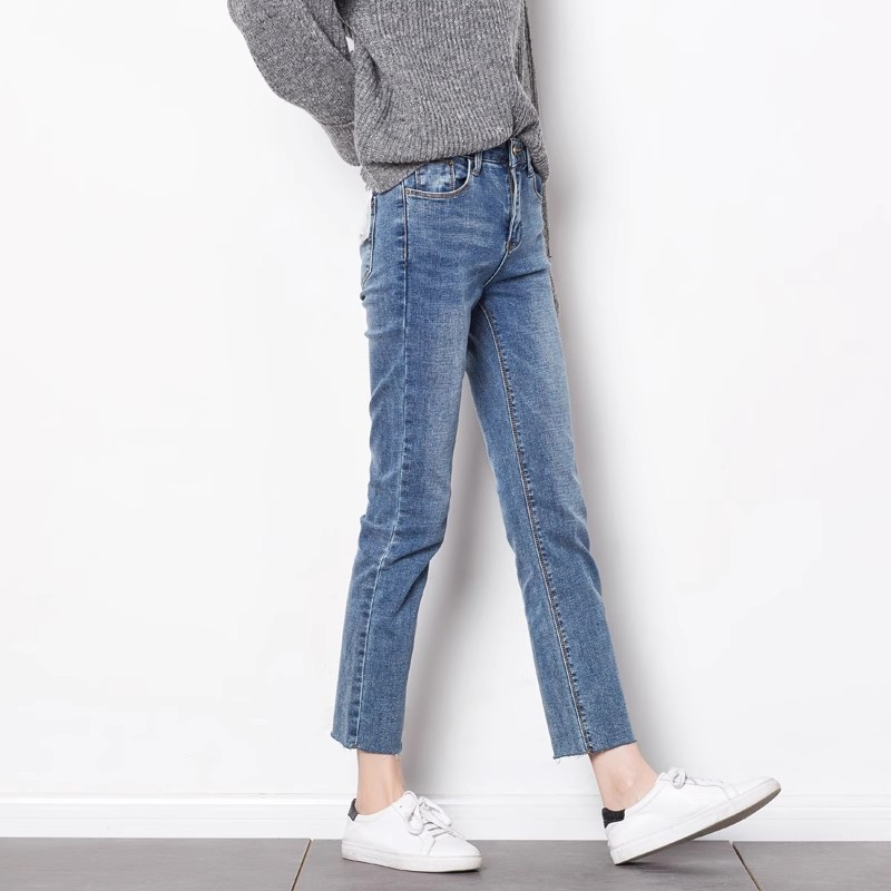 [2.5折价118元]唐狮春季新款女牛仔裤女弹力显瘦直筒百搭毛边烟管裤洗水九分裤