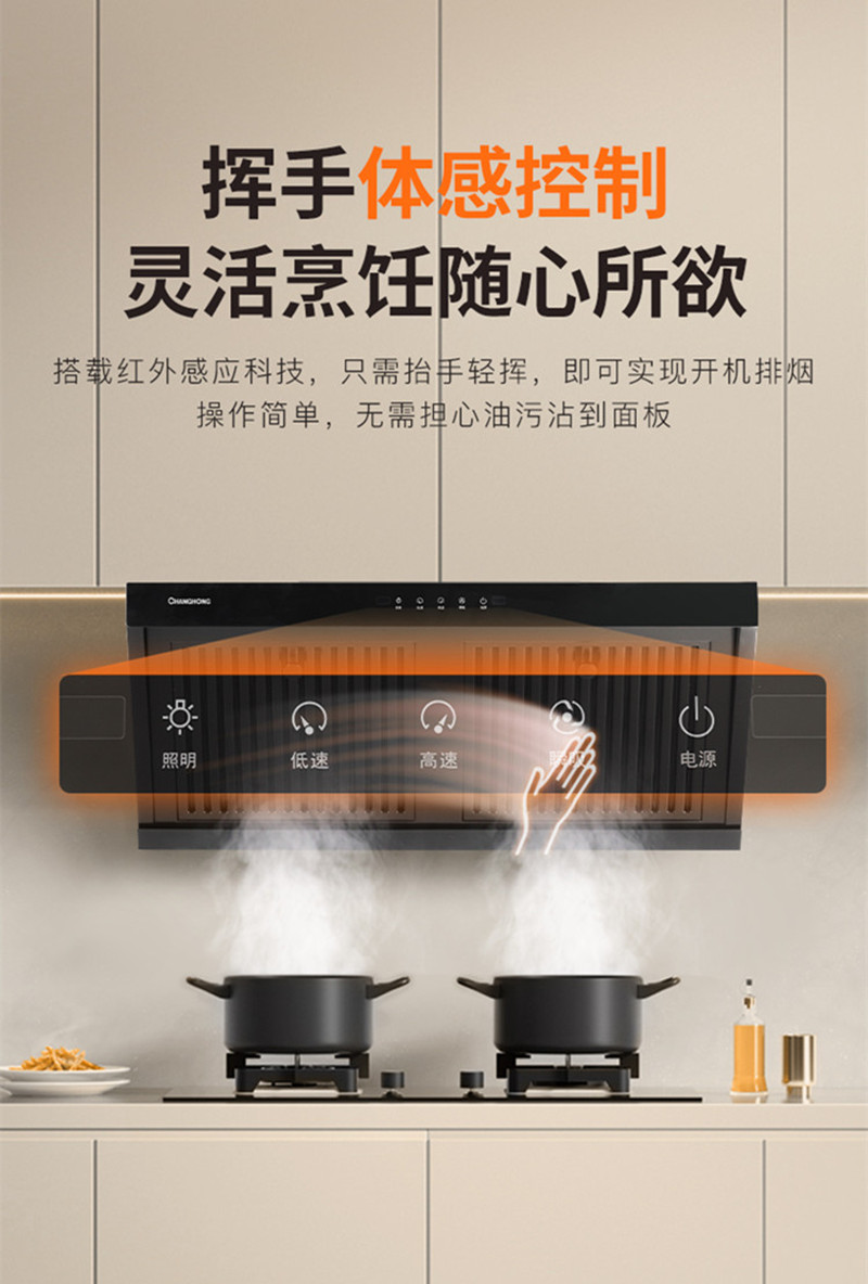 长虹(CHANGHONG)22m³大吸力 挥手智控 强效油烟分离 免清洗 百搭侧吸油烟机CXW-300-J651高清大图