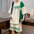港风宽松套装夏季新款拼色个性青少年华夫格五分袖两件套 M 星点套装-蓝色