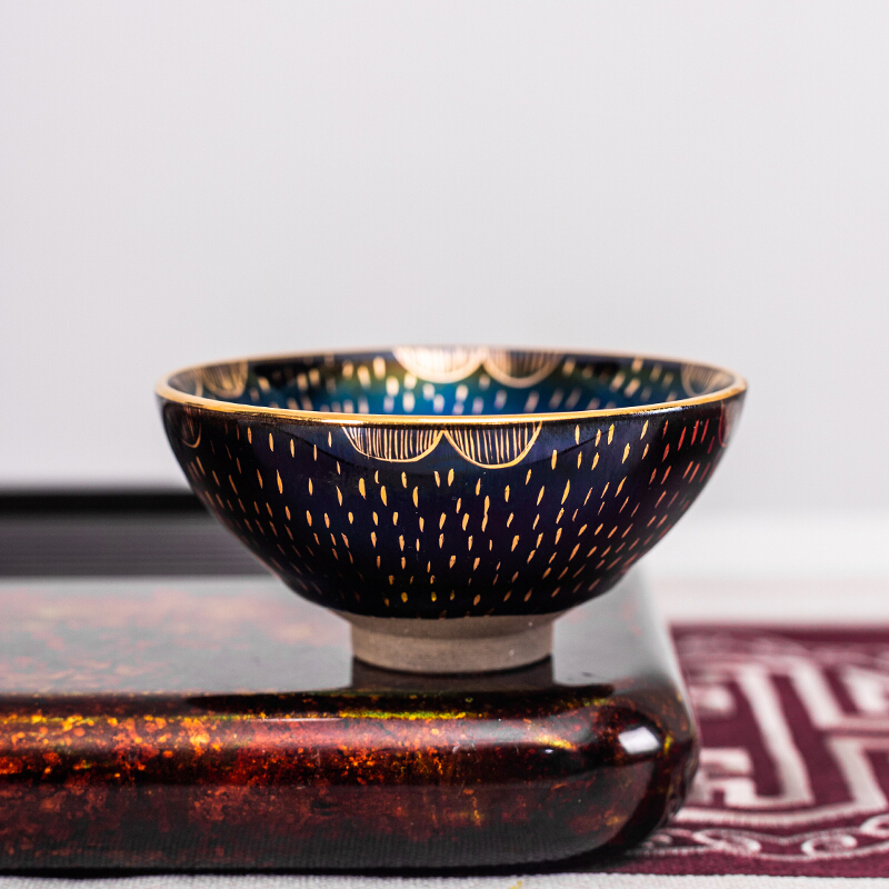 铭陶满堂建阳梦蝶鎏金鹧鸪官帽盏荷花手工主人杯建盏陶瓷茶杯官帽盏