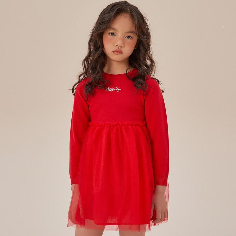moomoo童装女童毛织连衣裙2021春秋新款红色公主裙洋气儿童网纱裙_410 110cm(110/56) 中国红