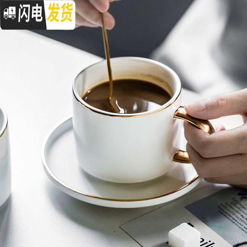 三维工匠 创意描金ins风欧式小陶瓷咖啡杯碟套装下午茶杯子带勺 黑色(1杯+1碟+1勺)咖啡器具高清大图