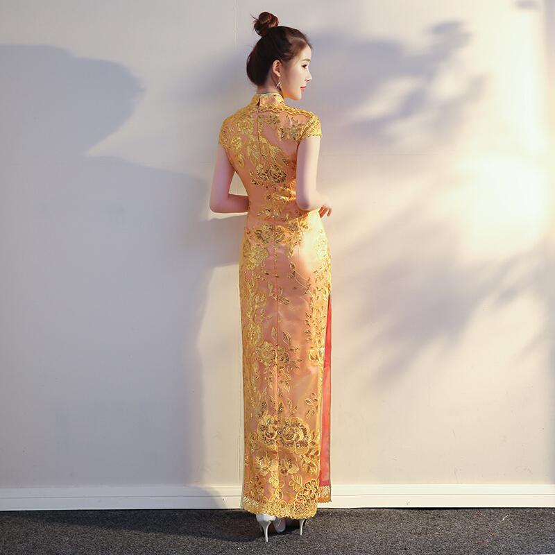 少女旗袍礼服女长款2018新款金色时尚显瘦年会晚会聚会走秀演出裙