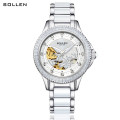 梭伦SOLLEN新款正品手表女士陶瓷全自动机械女表时尚休闲商务潮流防水镶钻真皮带女士全自动机械手表SL-402 402银色白面