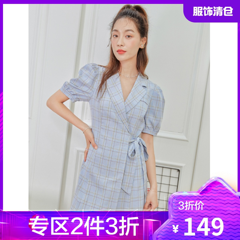 韩都衣舍2021夏季新款温柔气质泡泡袖格纹西装领连衣裙女MX10328