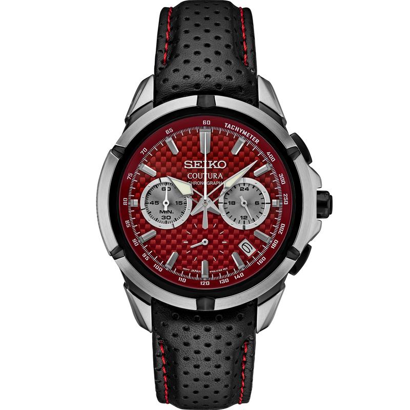 SEIKO/精工 Couura 系列男士手表 时尚百搭赛车风三眼计时红盘皮带商务防水石英表