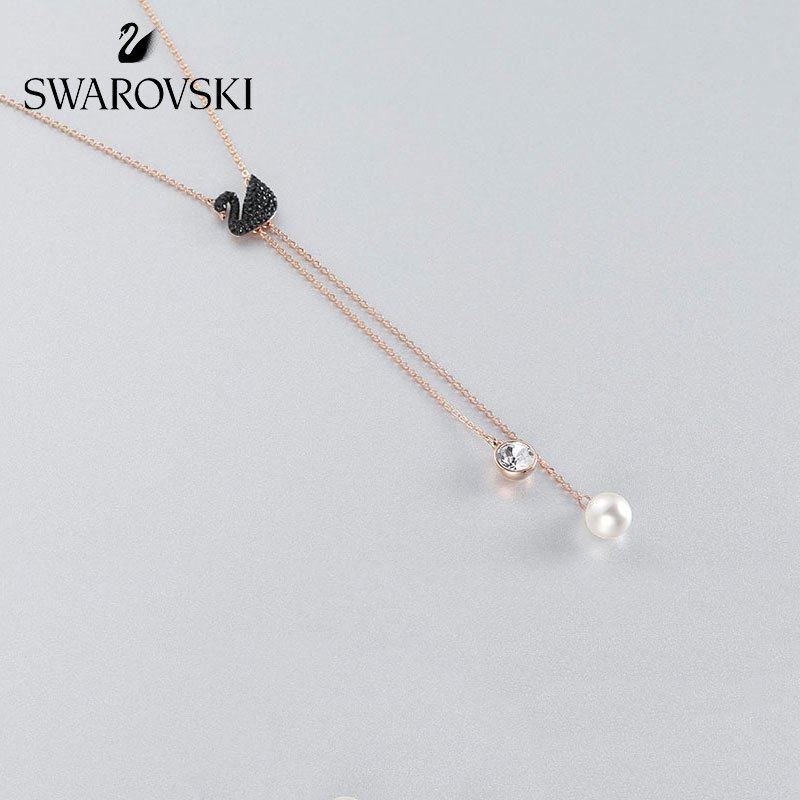 [直营]施华洛世奇(SWAROVSKI) ICONIC SWAN 镀玫瑰金色 女士水晶项链 黑天鹅 欧美风格 送恋人