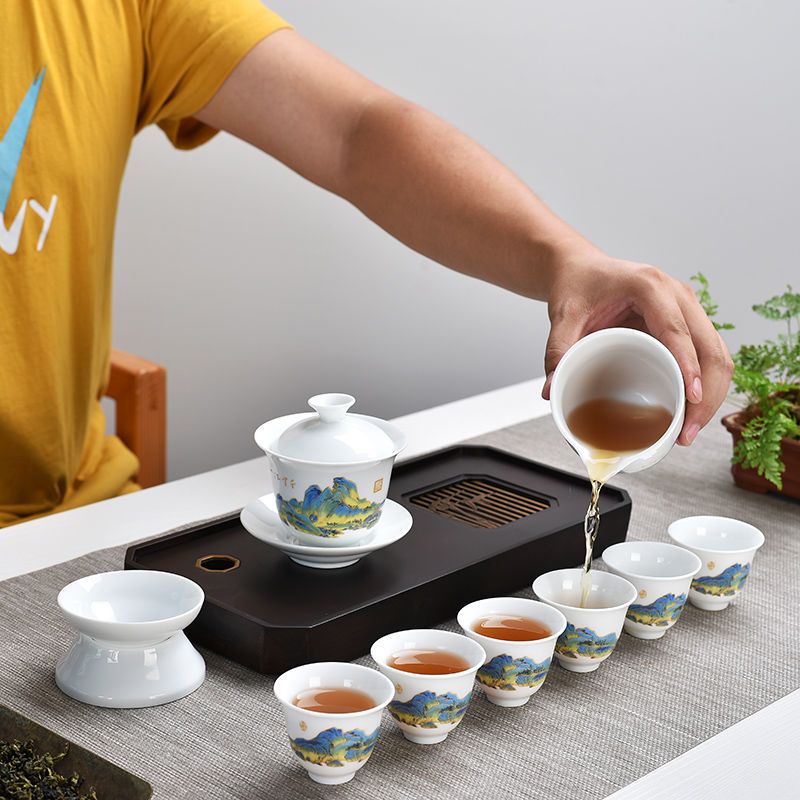 羊脂玉千里江山德化功夫茶具套装整套家用客厅盖碗茶杯办公室送礼 千里江山红色礼盒