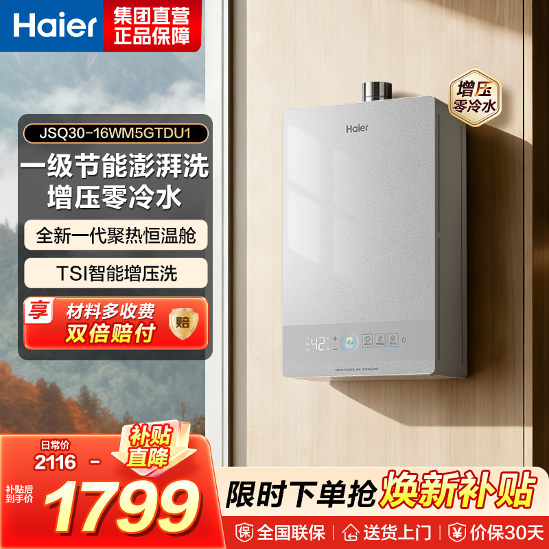 海尔(Haier) [零冷水WM5GT款]燃气热水器16L 增压变频水伺服恒温洗 防风防水ECO智慧节气 一级节能