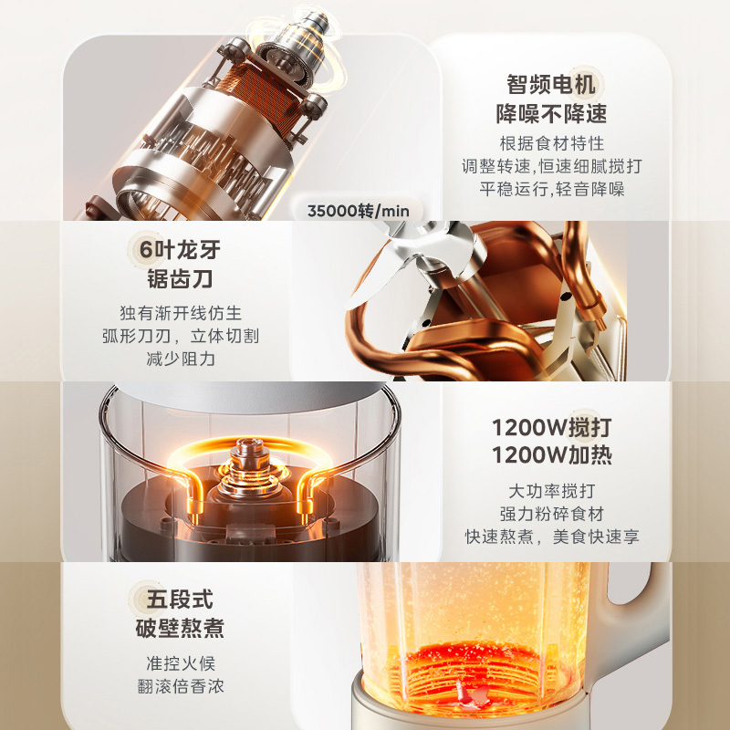 美的(Midea)安睡破壁机料理机搅拌机果汁机豆浆机家用自动加热搅拌自动清洗预约定时九重降噪