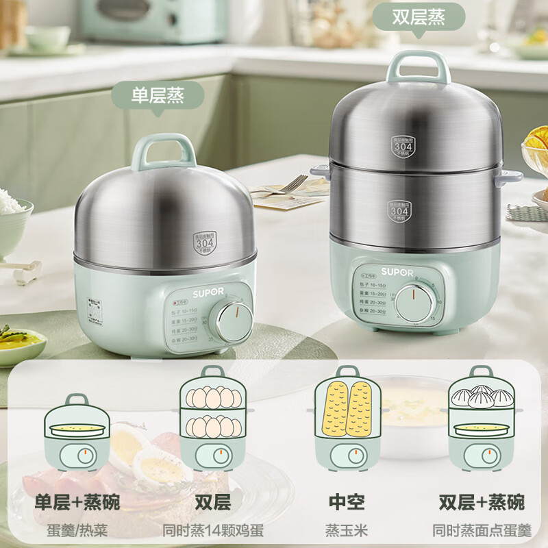 苏泊尔(SUPOR)煮蛋器蒸蛋器 双层304不锈钢材质 3L容量定时免看管自动断电 小型电蒸锅早餐蒸蛋 Z16YK858高清大图