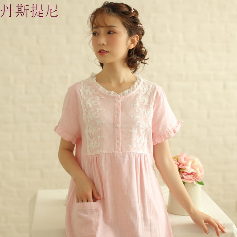 夏季新款日系蕾丝公主睡裙女纯棉纱布大码睡衣裙子短袖家居服