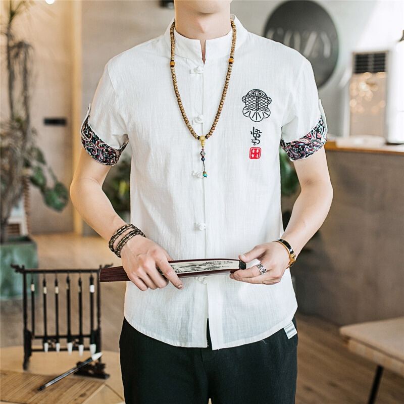 中国风夏季新款男士盘扣刺绣棉麻短袖衬衫中式休闲青年唐装上衣潮 白色 M