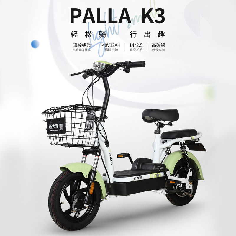 新大洲派乐/PALLA新国标电瓶车48V12AH男女士成人代步车轻便两轮电动自行车 K3 钻白/绿色