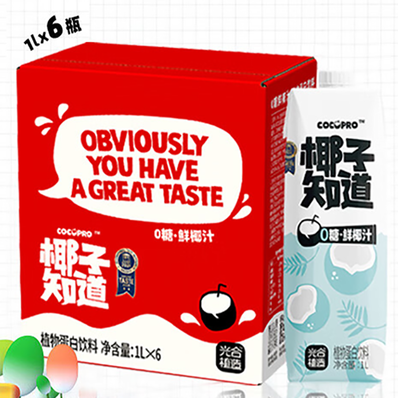 椰子知道 0糖鲜椰汁分享装1L*6瓶*2箱高清大图
