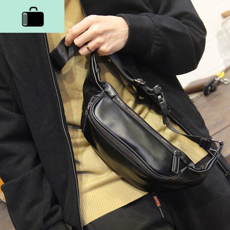 2020新款男士皮百搭胸包腰包简约轻便小背包男包单肩斜挎包潮牌NEW LAKE 黑色男士单肩包图片