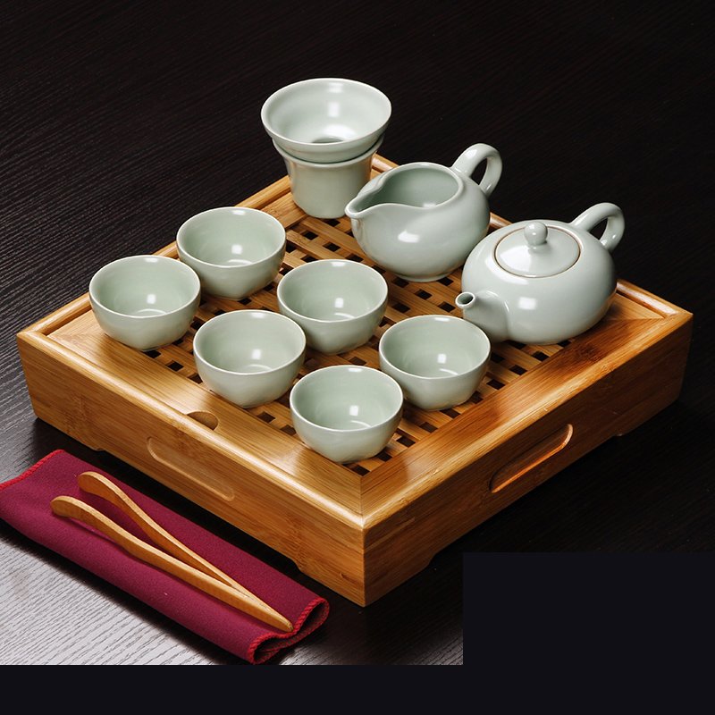 11件家用迷你功夫整套装茶具紫砂陶瓷茶杯办公室简易蓄水小四方竹茶盘生活日用家庭清洁生活日用家居器皿水具/水杯茶具水