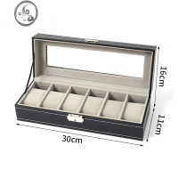 JiMi简约皮质带锁手表盒收纳盒名表收藏盒手表箱家用Watchbox 6位黑色带锁内灰长毛绒