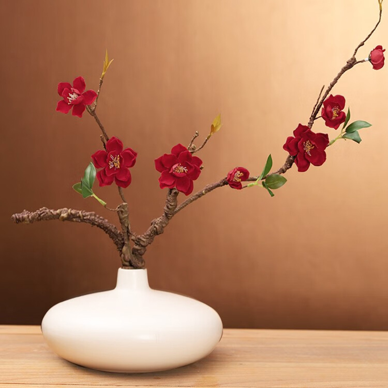 小窝厘 仿真花禅意摆件桌面假花装饰 白花瓶+红色山茶花套装高清大图