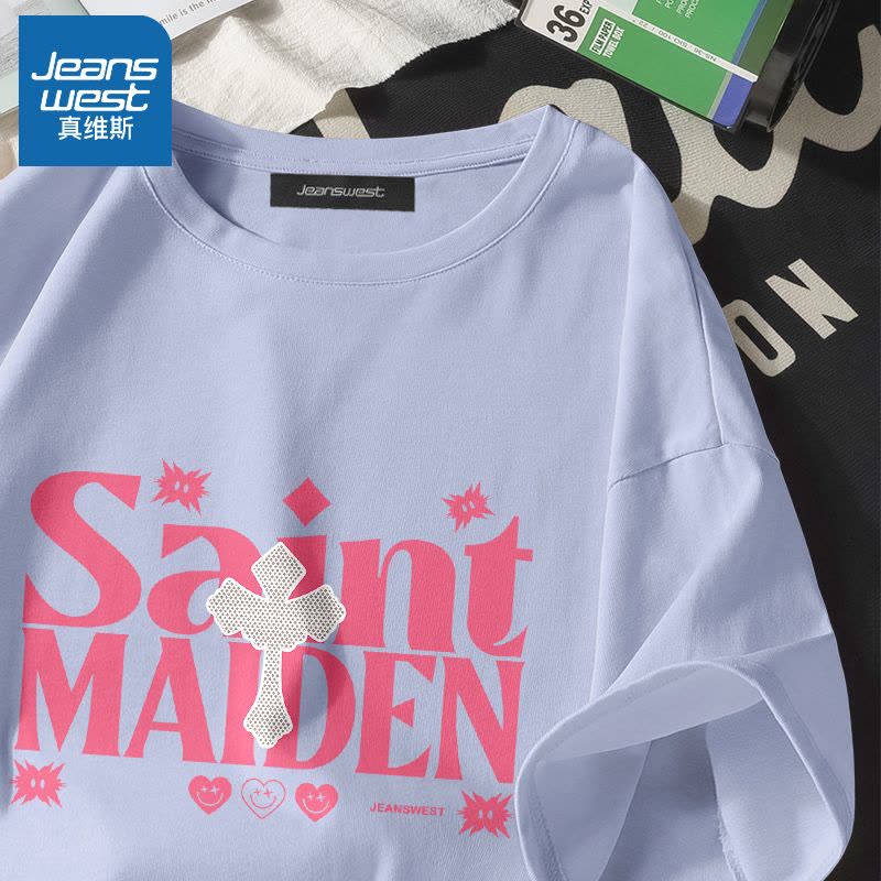 真维斯短袖t恤女潮牌韩版ins风甜辣上衣2022夏季新款宽松纯棉半袖图片