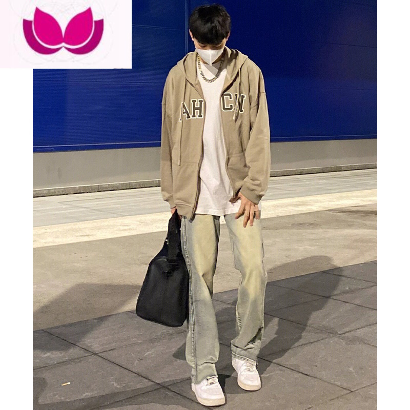 七斓古着vintage裤子ins潮牌修身小脚黄泥色牛仔裤男美式hiphop直筒裤