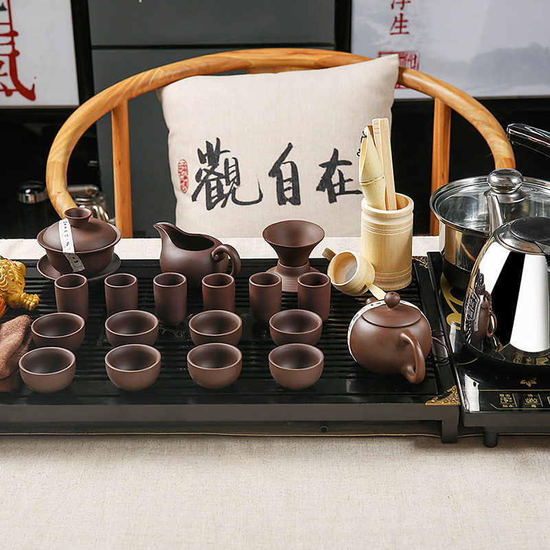金镶玉 功夫茶具套装 柯木实木茶盘茶具茶壶茶杯泡茶炉整套 幽雅紫砂