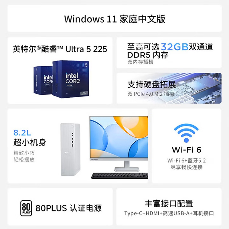 联想(Lenovo)小新台式电脑尊享版主机(酷睿U5-225 16G DDR5内存 1TB SSD 正版office Win11)商用办公家用学习娱乐高清大图