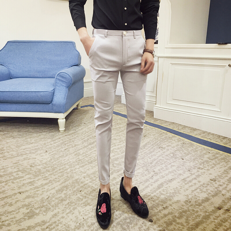英伦西装裤韩版修身弹力显瘦9分西裤男小脚九分休闲裤男士紧身裤