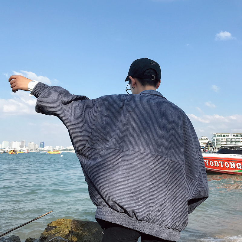 18春装韩版宽松做旧灯芯绒齿轮拉链立领飞行夹克口袋机车服短外套