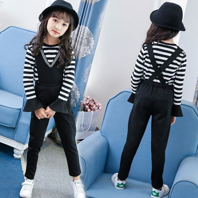 迪鲁奥（DILUAO)女童秋装套装女童秋装新款韩版中大童休闲条纹T恤背带裤两件套8岁B731-26 黑色图片