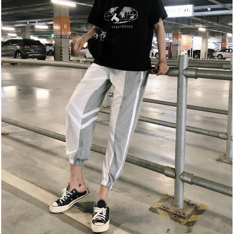 夏季女装韩版宽松原宿风裤子松紧腰显瘦哈伦裤运动裤休闲裤九分裤 图色 均码