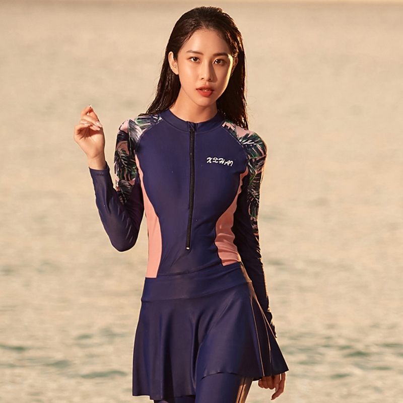 lining连体游泳衣女士长袖长裤连衣裙式遮肚显瘦泳装
