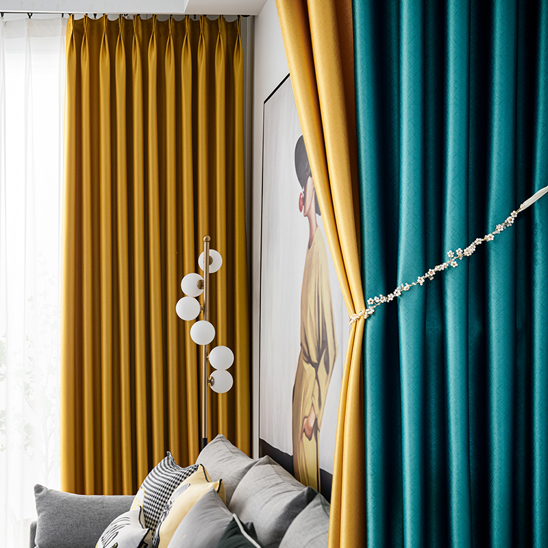 幸福派 轻奢遮光窗帘北欧简约现代挂钩布拉格肌理窗帘打孔窗帘飘窗客厅帘子遮阳布拼色儿童房窗帘轻奢卧室挂钩纯色窗帘高清大图