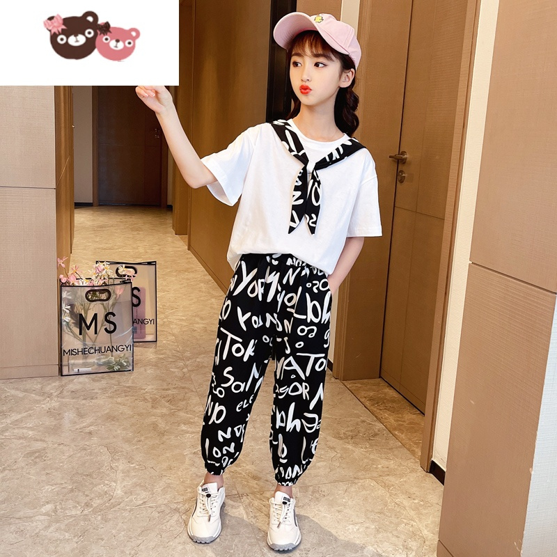 绿彩虹光女童夏装套装2022新款洋气中大童时髦夏季薄款儿童短袖运动两件套