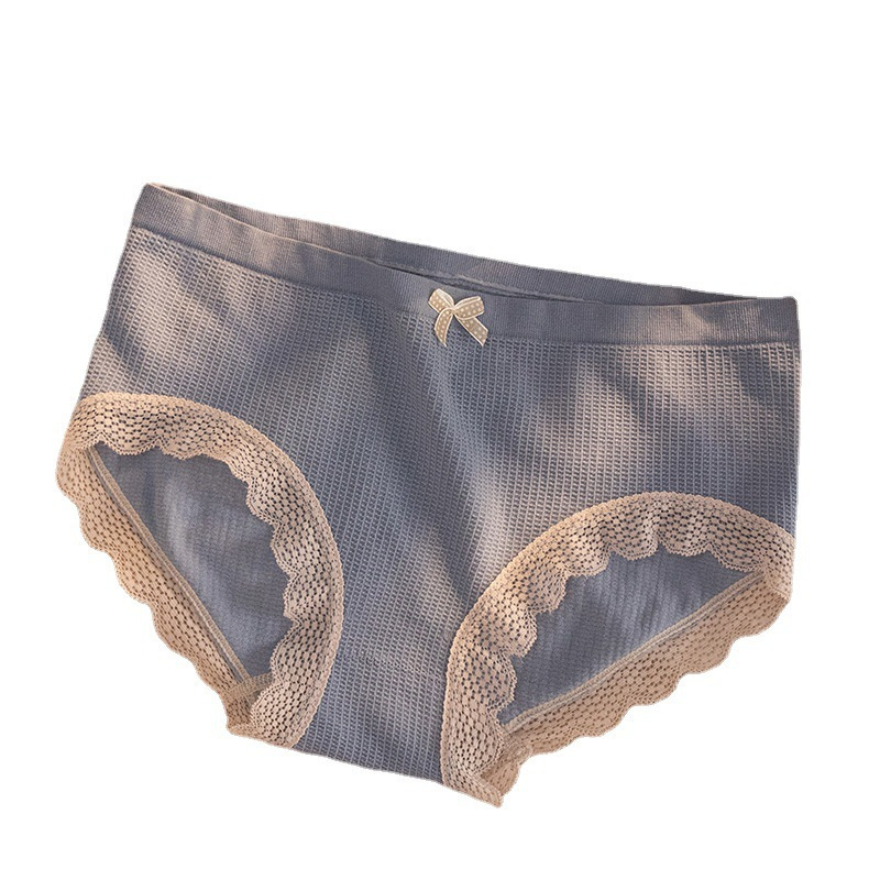 格子内裤新款无缝女士内裤中腰三角裤蕾丝边棉裆部透气少女