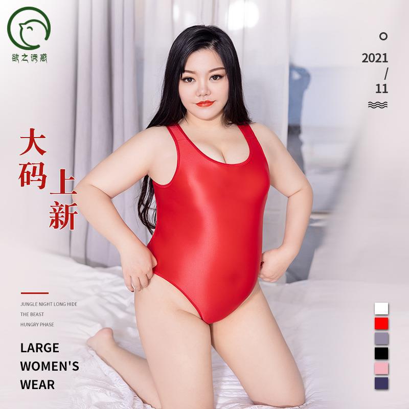 情趣内衣欲之诱惑大码油亮高弹镂空透视紧身开档连体泳衣情趣内衣 红色 加肥
