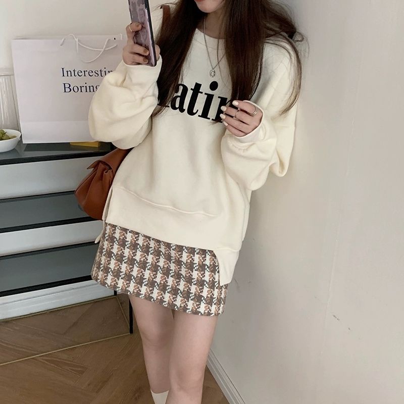 千鸟格毛呢半身裙女2021秋冬新款大码高腰短裙法式显瘦包臀a字裙
