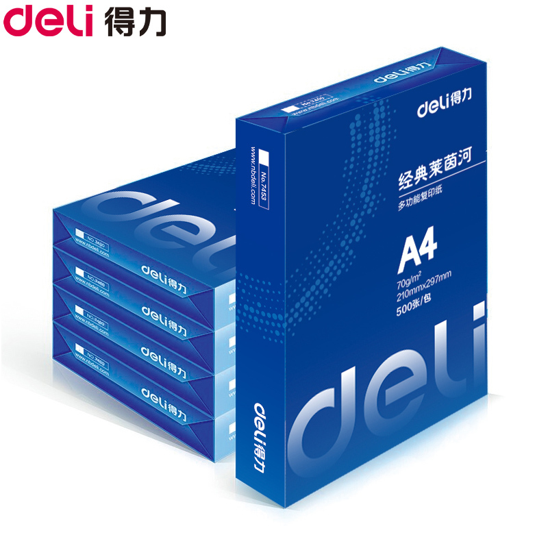 得力(deli)7453莱茵河A4/70g复印纸5包/箱 500张/包共2500张 电脑打印纸 白纸草稿纸 办公用纸