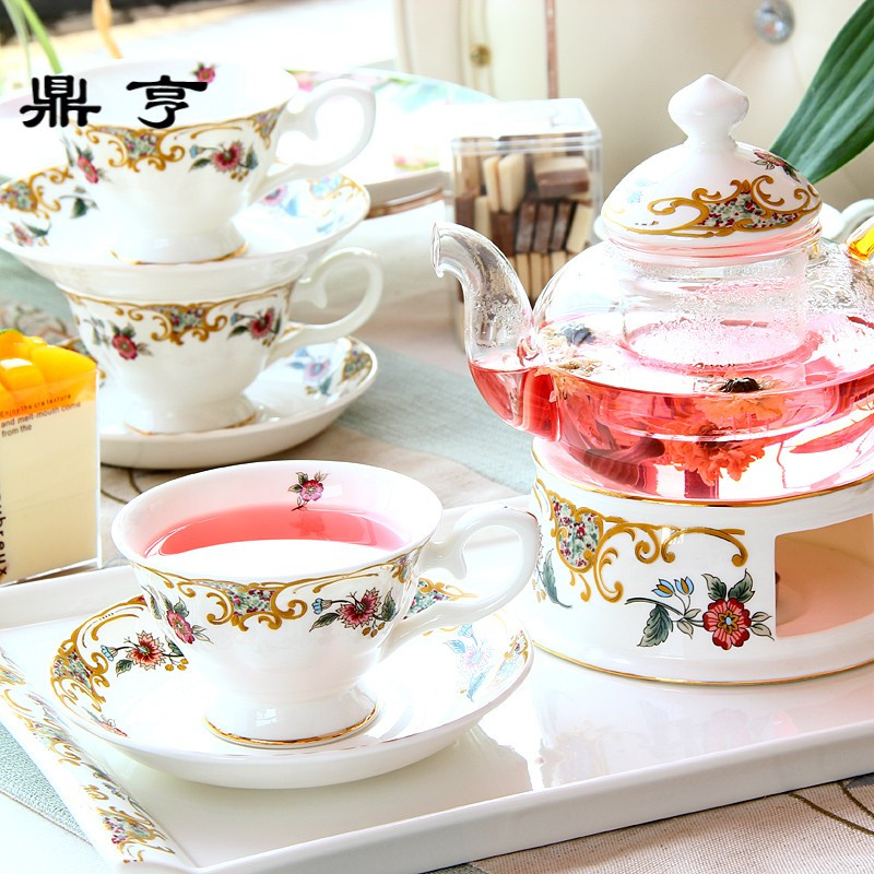 鼎亨花茶壶套装下午茶煮水果茶壶陶瓷花果茶杯玻璃茶具家用蜡烛加