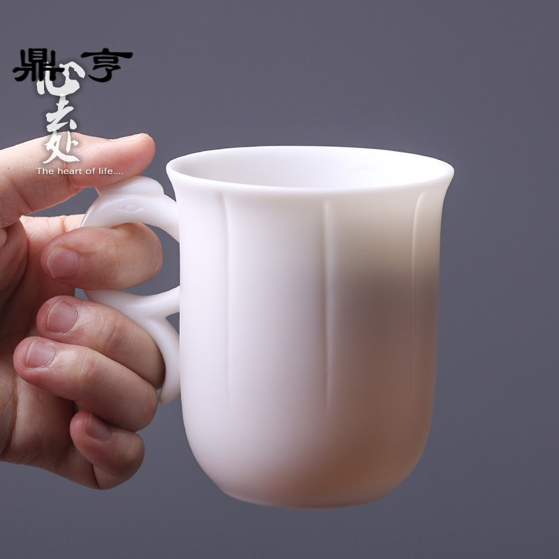 鼎亨龙凤杯 素烧德化白瓷茶杯手柄带盖办公会议陶瓷水杯 老板主人
