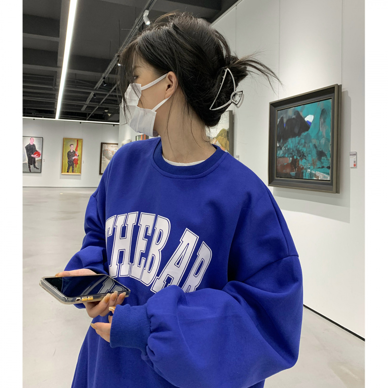 加绒宽松休闲卫衣女秋冬外套古着圆领长袖打底衫上衣韩国女装