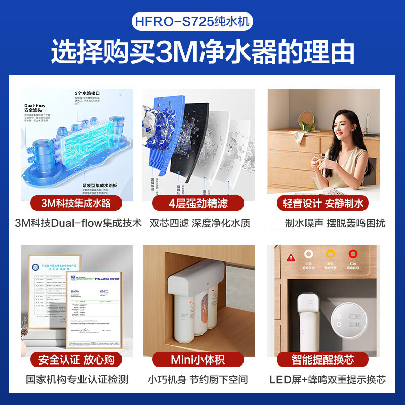 3M净水器家用直饮RO反渗透厨下700G大通量1.84L/min家用纯水机HFRO-S725高清大图