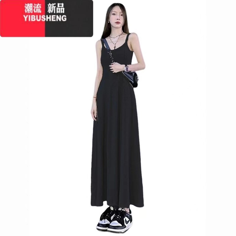 YIBUSHENG纯欲风灰色带胸垫吊带连衣裙女季高级感甜辣妹收腰显瘦气质长裙