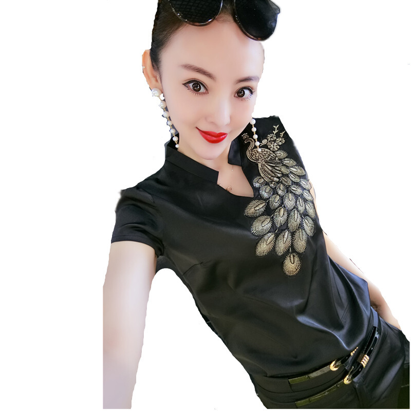2018新款女士夏季雪纺亮丝上衣气质洋气小衫打底衫时尚刺绣衬衫潮