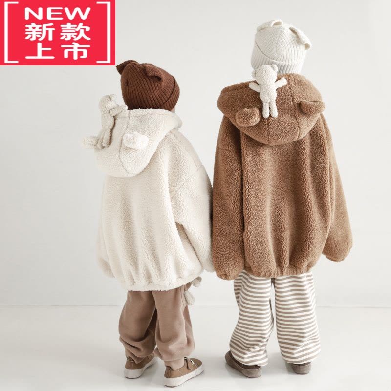可莉允男童可爱羊羔毛外套2022秋冬中大童小熊玩偶保暖连帽上衣棉服图片