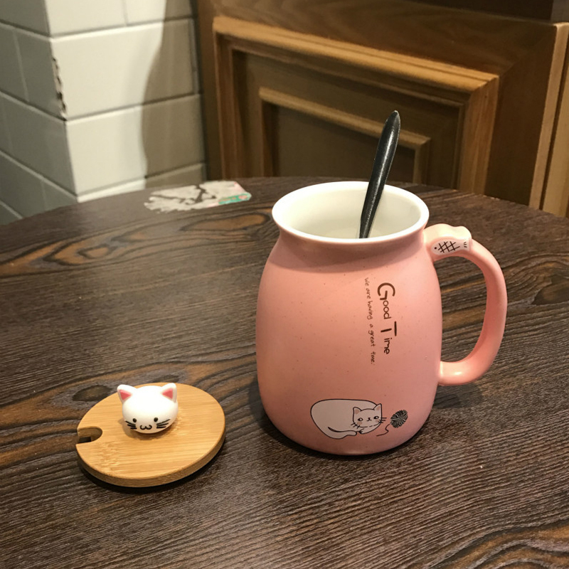 彩帮陶瓷杯马克杯女陶瓷带盖勺可爱萌猫咪情侣款杯子家用早餐水杯