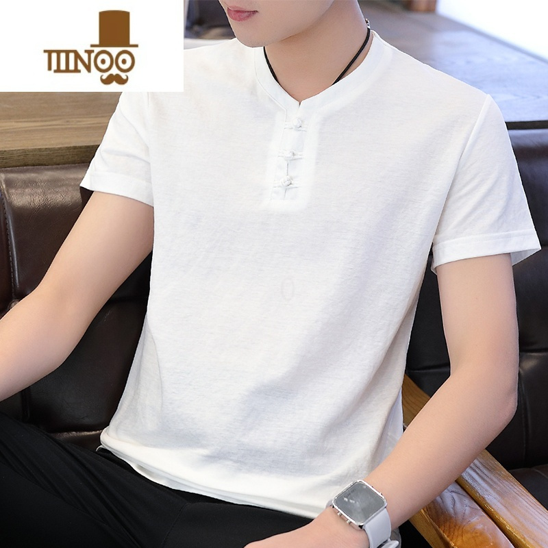 yanxu男士中国风亚麻短袖t恤韩版复古青年半袖打底衣服潮男装棉麻体恤